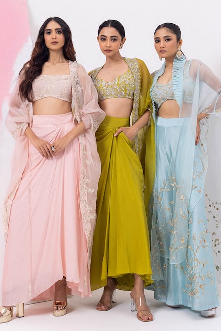 Shop_Mehak Sharma_Pink Organza, Satin Sequins, Cut Work Crew Draped Asymmetric Skirt Set With Cape 