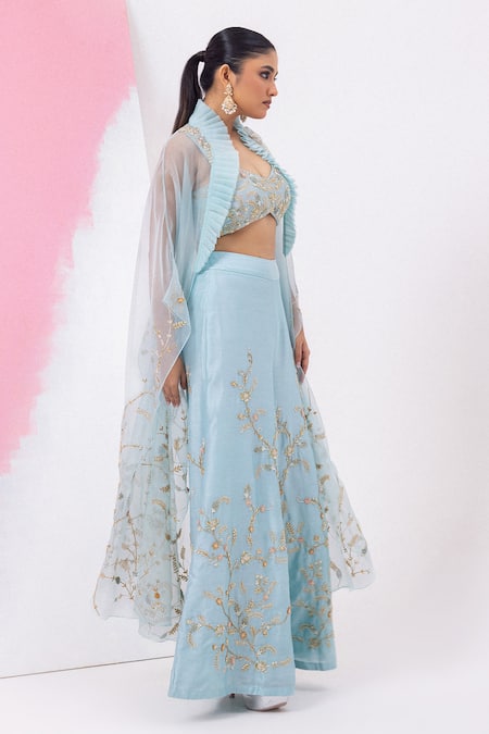 Mehak Sharma_Blue Organza, Silk Cut Work, Sequins, Embroidery V-neck Sharara Set With Cape _Online_at_Aza_Fashions