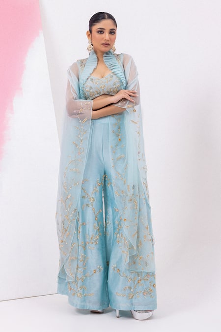 Buy_Mehak Sharma_Blue Organza, Silk Cut Work, Sequins, Embroidery V-neck Sharara Set With Cape _Online_at_Aza_Fashions