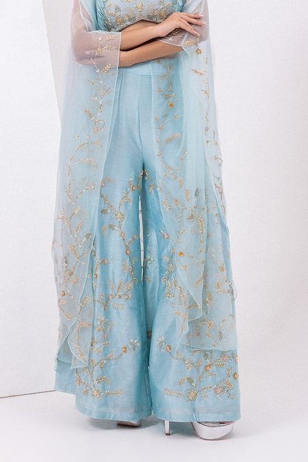 Mehak Sharma_Blue Organza, Silk Cut Work, Sequins, Embroidery V-neck Sharara Set With Cape _at_Aza_Fashions