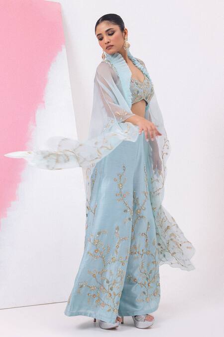 Buy_Mehak Sharma_Blue Organza, Silk Cut Work, Sequins, Embroidery V-neck Sharara Set With Cape 