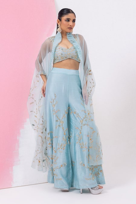 Shop_Mehak Sharma_Blue Organza, Silk Cut Work, Sequins, Embroidery V-neck Sharara Set With Cape 
