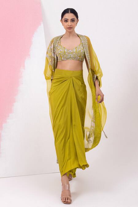 Mehak Sharma_Green Organza, Silk Cut Work, Sequins, Embroidery Draped Skirt Set With Cape _Online_at_Aza_Fashions
