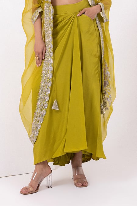 Buy_Mehak Sharma_Green Organza, Silk Cut Work, Sequins, Embroidery Draped Skirt Set With Cape _Online_at_Aza_Fashions