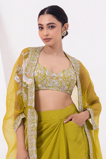 Shop_Mehak Sharma_Green Organza, Silk Cut Work, Sequins, Embroidery Draped Skirt Set With Cape _Online_at_Aza_Fashions