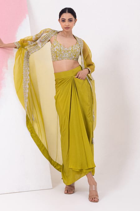 Mehak Sharma_Green Organza, Silk Cut Work, Sequins, Embroidery Draped Skirt Set With Cape _at_Aza_Fashions