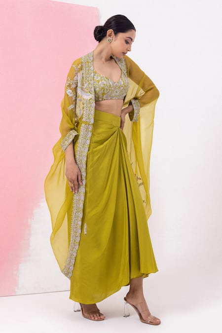 Buy_Mehak Sharma_Green Organza, Silk Cut Work, Sequins, Embroidery Draped Skirt Set With Cape 