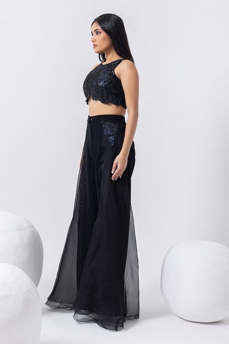 Mehak Sharma_Black Organza, Cotton Cut Work, Floral Applique Flared Pant And Blouse Set _Online_at_Aza_Fashions