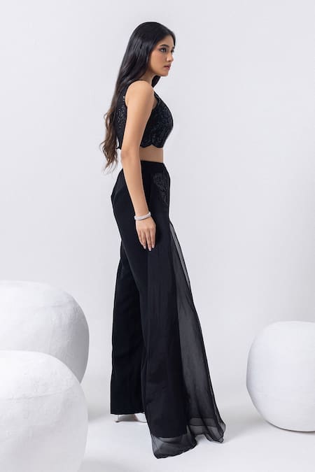Buy_Mehak Sharma_Black Organza, Cotton Cut Work, Floral Applique Flared Pant And Blouse Set _Online_at_Aza_Fashions