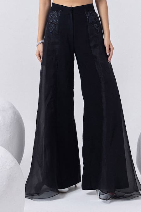 Shop_Mehak Sharma_Black Organza, Cotton Cut Work, Floral Applique Flared Pant And Blouse Set _Online_at_Aza_Fashions