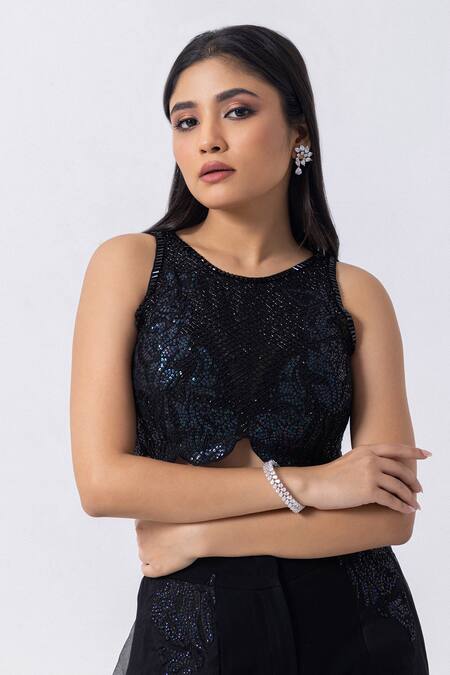 Mehak Sharma_Black Organza, Cotton Cut Work, Floral Applique Flared Pant And Blouse Set _at_Aza_Fashions