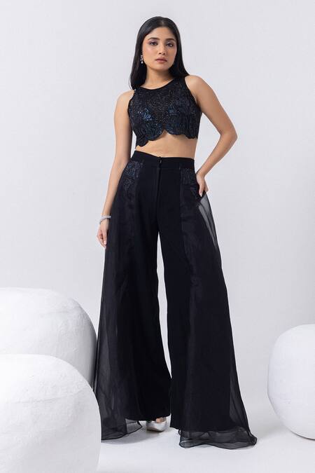Buy_Mehak Sharma_Black Organza, Cotton Cut Work, Floral Applique Flared Pant And Blouse Set 