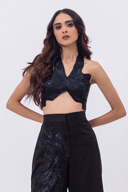 Buy_Mehak Sharma_Black Satin Cut Work, Sequins Halter Neck Swirl Embroidered Flared Pant Set _Online_at_Aza_Fashions