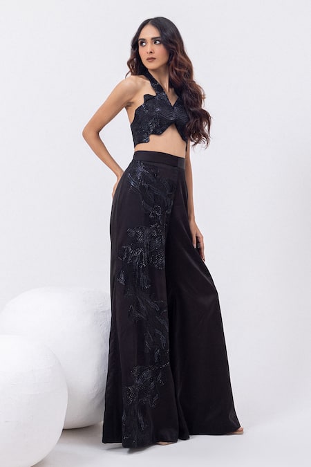 Shop_Mehak Sharma_Black Satin Cut Work, Sequins Halter Neck Swirl Embroidered Flared Pant Set _Online_at_Aza_Fashions