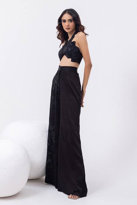 Mehak Sharma_Black Satin Cut Work, Sequins Halter Neck Swirl Embroidered Flared Pant Set _at_Aza_Fashions