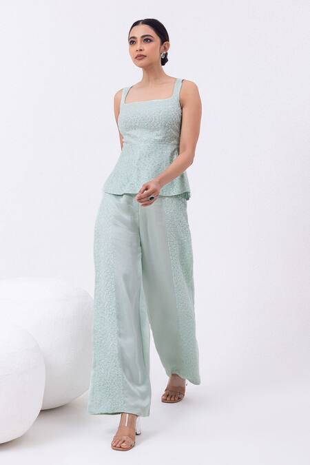 Shop_Mehak Sharma_Aqua Satin, Organza Sequins, Cut Work, Embroidery Abstract Cutdana Pant Set _Online_at_Aza_Fashions
