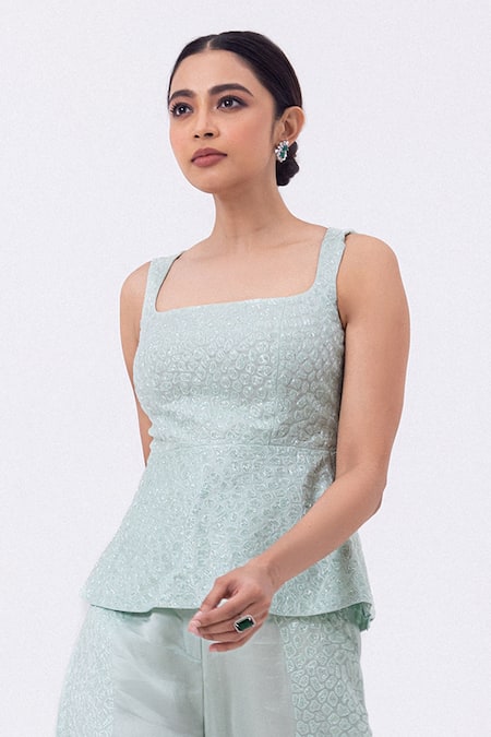 Mehak Sharma_Aqua Satin, Organza Sequins, Cut Work, Embroidery Abstract Cutdana Pant Set _at_Aza_Fashions