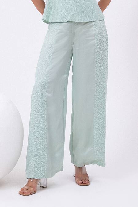 Buy_Mehak Sharma_Aqua Satin, Organza Sequins, Cut Work, Embroidery Abstract Cutdana Pant Set 