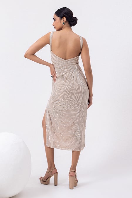 Mehak Sharma Gold Embroidered Front Slit Midi Dress 