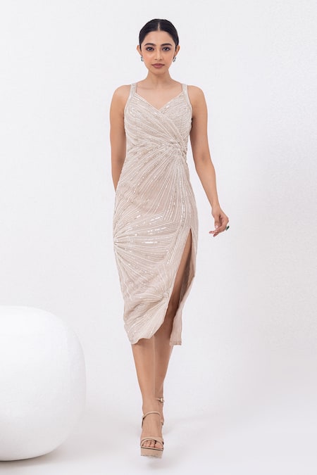 Shop_Mehak Sharma_Gold Georgette Cut Work, Sequins, Stones Embroidered Front Slit Midi Dress _Online_at_Aza_Fashions