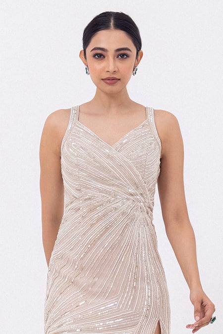 Mehak Sharma_Gold Georgette Cut Work, Sequins, Stones Embroidered Front Slit Midi Dress _at_Aza_Fashions