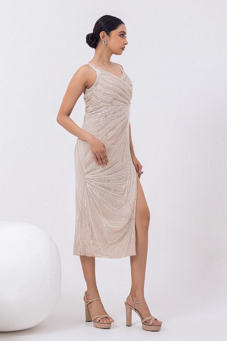 Buy_Mehak Sharma_Gold Georgette Cut Work, Sequins, Stones Embroidered Front Slit Midi Dress 