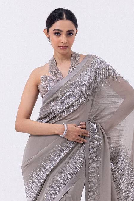 Buy_Mehak Sharma_Gray Georgette Cut Work, Sequins Halter Embroidered Pre-draped Saree With Blouse _Online_at_Aza_Fashions
