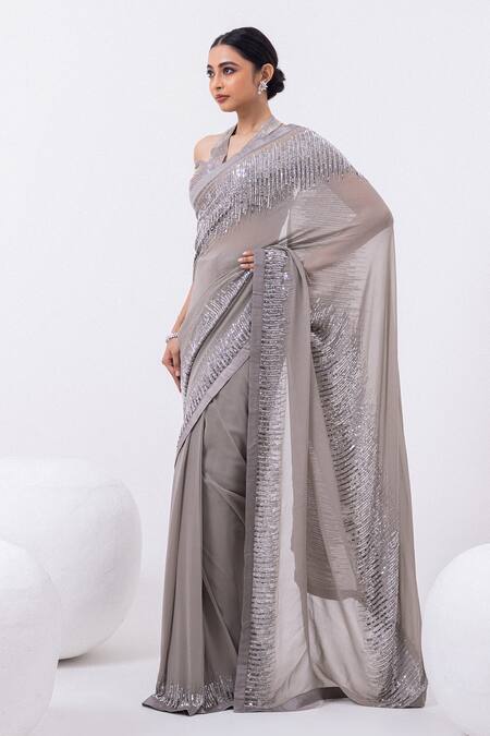 Mehak Sharma_Gray Georgette Cut Work, Sequins Halter Embroidered Pre-draped Saree With Blouse _at_Aza_Fashions