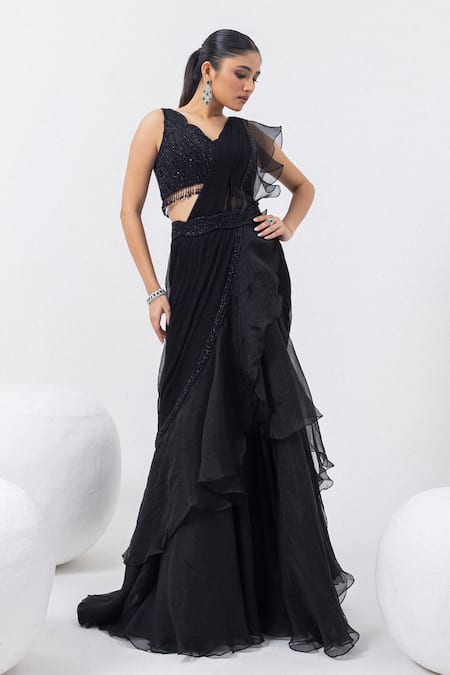 Mehak Sharma_Black Organza, Chiffon Tassels, Embroidered Ruffle Pre-draped Saree And Blouse _Online_at_Aza_Fashions
