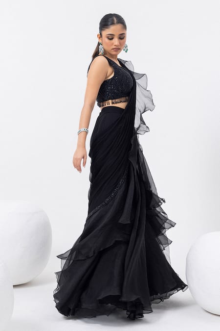 Shop_Mehak Sharma_Black Organza, Chiffon Tassels, Embroidered Ruffle Pre-draped Saree And Blouse _Online_at_Aza_Fashions