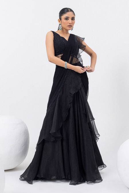 Mehak Sharma_Black Organza, Chiffon Tassels, Embroidered Ruffle Pre-draped Saree And Blouse _at_Aza_Fashions