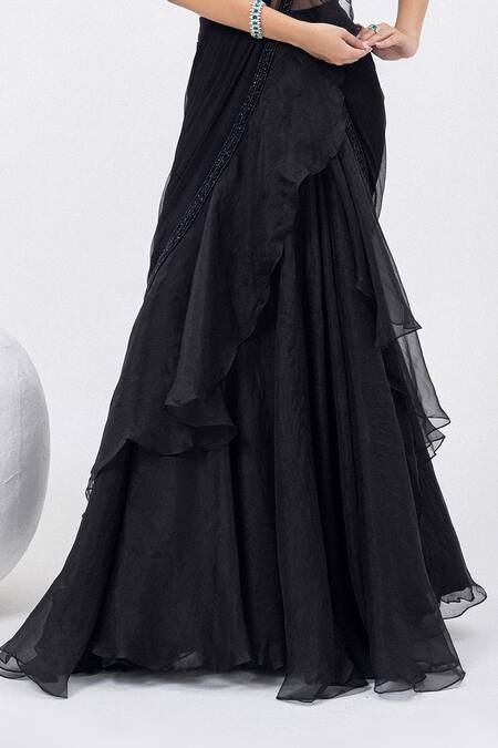 Buy_Mehak Sharma_Black Organza, Chiffon Tassels, Embroidered Ruffle Pre-draped Saree And Blouse 