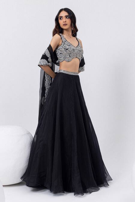 Mehak Sharma_Black Organza Cut Work, Zari, Stones, Embroidery, Sequins Lehenga Blouse Set _Online_at_Aza_Fashions