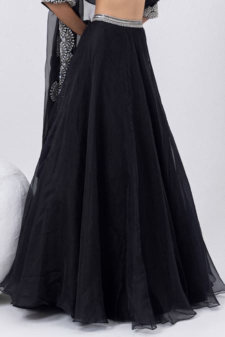 Buy_Mehak Sharma_Black Organza Cut Work, Zari, Stones, Embroidery, Sequins Lehenga Blouse Set _Online_at_Aza_Fashions
