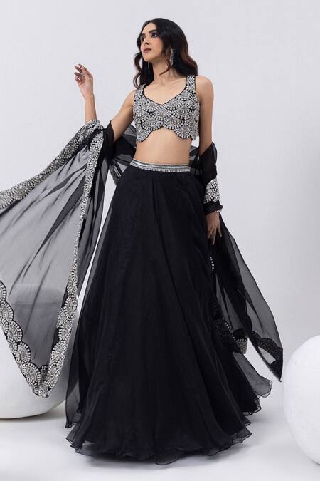 Mehak Sharma_Black Organza Cut Work, Zari, Stones, Embroidery, Sequins Lehenga Blouse Set _at_Aza_Fashions