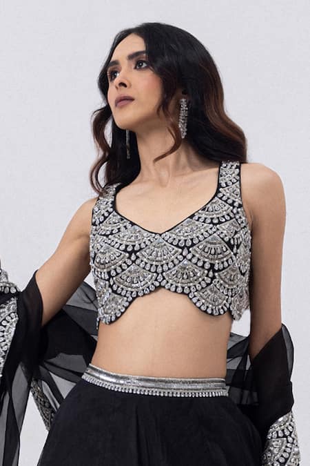 Buy_Mehak Sharma_Black Organza Cut Work, Zari, Stones, Embroidery, Sequins Lehenga Blouse Set 
