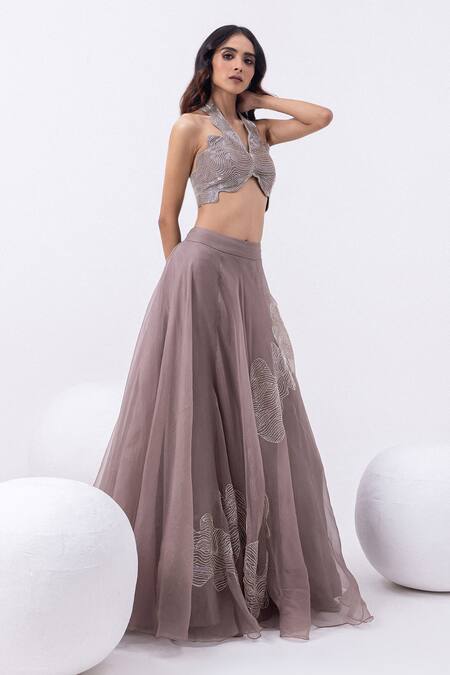 Mehak Sharma Gray Organza Sequins, Cut Work Halter Neck Embroidered Grey Lehenga Set Online at Aza Fashions Mehak Sharma_Gray Organza Sequins, Cut Work Halter Neck Embroidered Grey Lehenga Set _Online_at_Aza_Fashions