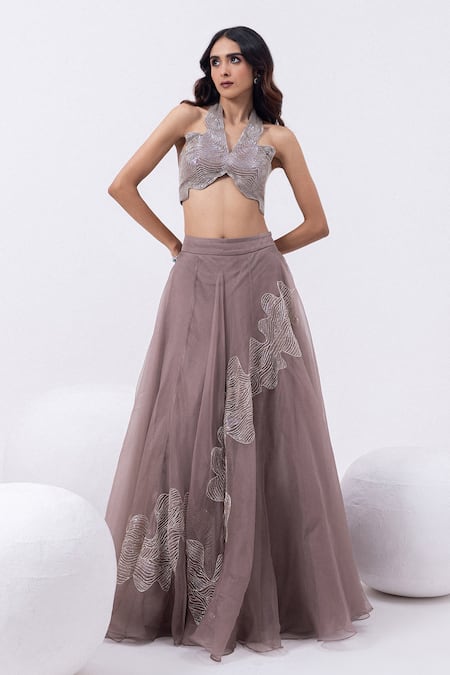 Shop Mehak Sharma Gray Organza Sequins, Cut Work Halter Neck Embroidered Grey Lehenga Set Online at Aza Fashions Shop_Mehak Sharma_Gray Organza Sequins, Cut Work Halter Neck Embroidered Grey Lehenga Set _Online_at_Aza_Fashions