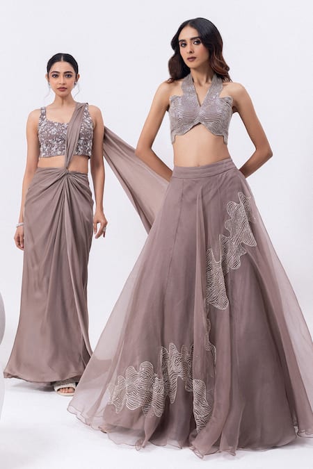 Buy Mehak Sharma Gray Organza Sequins, Cut Work Halter Neck Embroidered Grey Lehenga Set Buy_Mehak Sharma_Gray Organza Sequins, Cut Work Halter Neck Embroidered Grey Lehenga Set