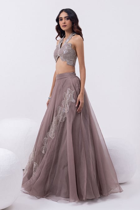 Shop Mehak Sharma Gray Organza Sequins, Cut Work Halter Neck Embroidered Grey Lehenga Set Shop_Mehak Sharma_Gray Organza Sequins, Cut Work Halter Neck Embroidered Grey Lehenga Set