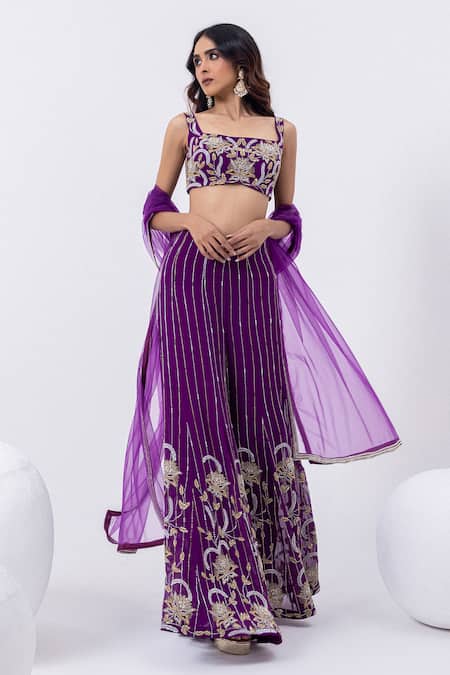 Mehak Sharma Purple Tulle, Georgette Sequins, Floral Cutdana Blouse And Sharara Set Online at Aza Fashions Mehak Sharma_Purple Tulle, Georgette Sequins, Floral Cutdana Blouse And Sharara Set _Online_at_Aza_Fashions