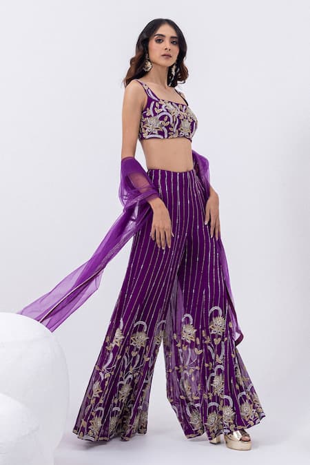 Buy Mehak Sharma Purple Tulle, Georgette Sequins, Floral Cutdana Blouse And Sharara Set Online at Aza Fashions Buy_Mehak Sharma_Purple Tulle, Georgette Sequins, Floral Cutdana Blouse And Sharara Set _Online_at_Aza_Fashions