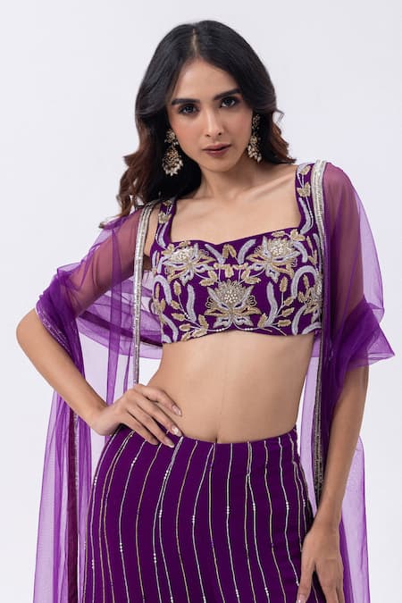Shop Mehak Sharma Purple Tulle, Georgette Sequins, Floral Cutdana Blouse And Sharara Set Online at Aza Fashions Shop_Mehak Sharma_Purple Tulle, Georgette Sequins, Floral Cutdana Blouse And Sharara Set _Online_at_Aza_Fashions