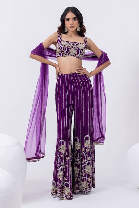 Buy Mehak Sharma Purple Tulle, Georgette Sequins, Floral Cutdana Blouse And Sharara Set Buy_Mehak Sharma_Purple Tulle, Georgette Sequins, Floral Cutdana Blouse And Sharara Set