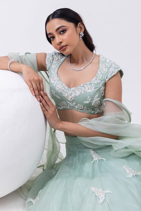 Mehak Sharma Green Organza Pearls, Sequins Open Neck Embroidered Lehenga Set Online at Aza Fashions Mehak Sharma_Green Organza Pearls, Sequins Open Neck Embroidered Lehenga Set _Online_at_Aza_Fashions