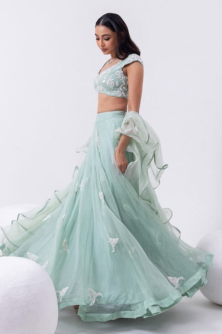 Buy Mehak Sharma Green Organza Pearls, Sequins Open Neck Embroidered Lehenga Set Online at Aza Fashions Buy_Mehak Sharma_Green Organza Pearls, Sequins Open Neck Embroidered Lehenga Set _Online_at_Aza_Fashions