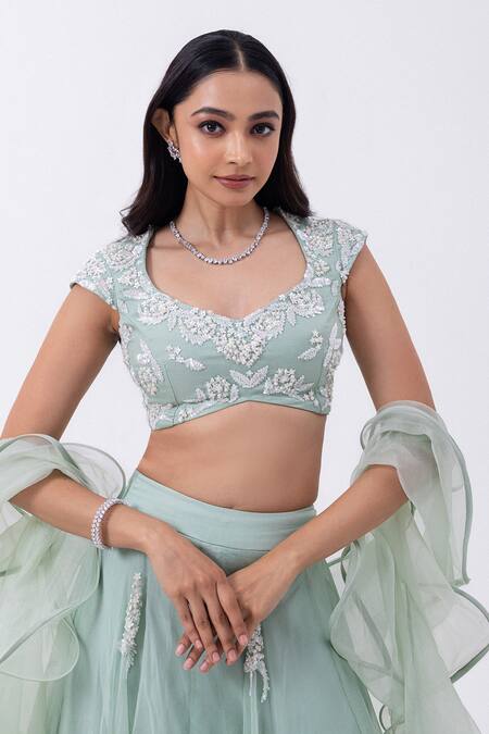 Shop Mehak Sharma Green Organza Pearls, Sequins Open Neck Embroidered Lehenga Set Online at Aza Fashions Shop_Mehak Sharma_Green Organza Pearls, Sequins Open Neck Embroidered Lehenga Set _Online_at_Aza_Fashions