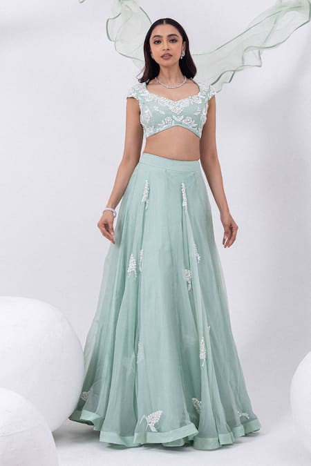 Buy Mehak Sharma Green Organza Pearls, Sequins Open Neck Embroidered Lehenga Set Buy_Mehak Sharma_Green Organza Pearls, Sequins Open Neck Embroidered Lehenga Set