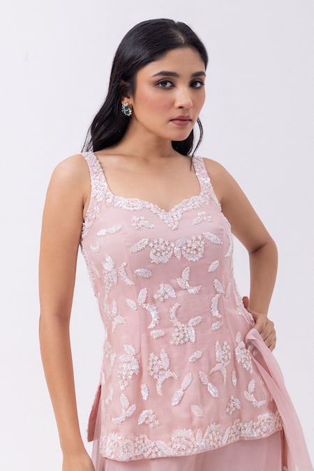 Mehak Sharma_Pink Organza Pearls, Sequins Asymmetric Embroidered Kurta And Sharara Set _Online_at_Aza_Fashions