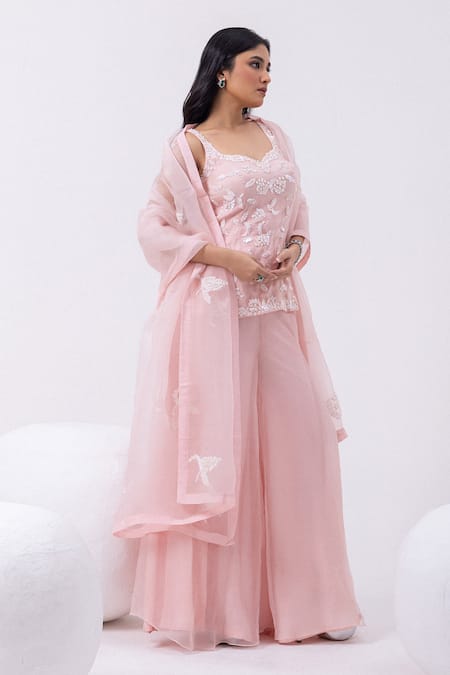 Buy_Mehak Sharma_Pink Organza Pearls, Sequins Asymmetric Embroidered Kurta And Sharara Set _Online_at_Aza_Fashions